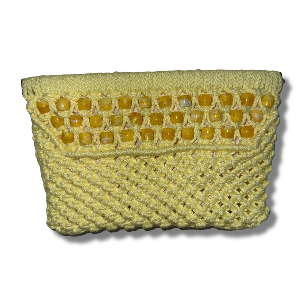 Vtg 60s Yellow Crocheted Beaded Clutch Bag
